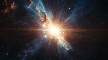 ultra-realistic view of a bright, distant quasar with light beams radiating into space
