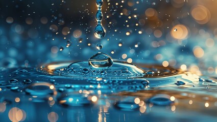 Poster - Water droplets create ripples in a serene pool during calm dusk, reflecting warm lights and creating a tranquil atmosphere