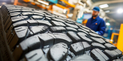 Fototapete - Close-up view of tire manufacturing process in factory Generative AI