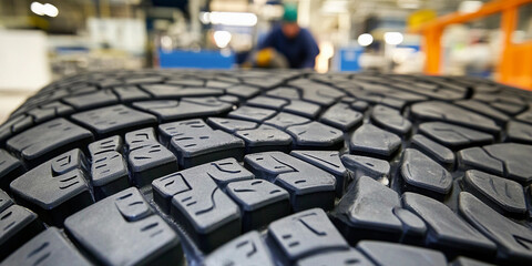 Fototapete - Close-up view of tire tread in manufacturing facility Generative AI