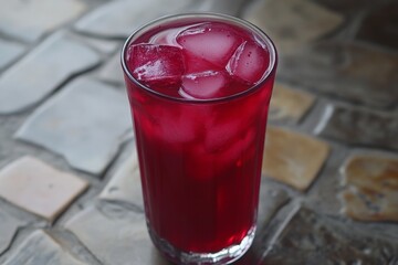 Poster - Refreshing beverage served in a glass filled with ice on a textured stone surface