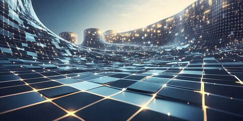 Poster - Abstract Digital Landscape Futuristic Technology Grid Network Data Wave