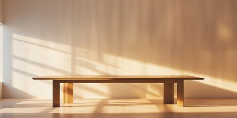 Poster - minimalist wooden table bathed in warm sunlight in a serene room setting during the late afternoon