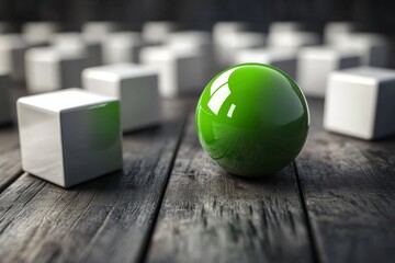 Aufkleber - Colorful green sphere stands out among white cubes on a wooden surface in a creative abstract arrangement