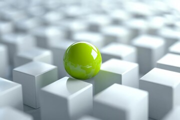 Aufkleber - Green sphere resting on white cubes creating a modern abstract composition in a minimalistic setting