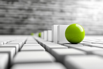 Aufkleber - Green sphere contrasts with white cubes in a modern abstract arrangement on a textured surface