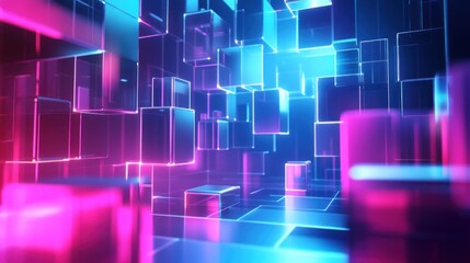 Poster - Neon Cubescape, Digital Abstract of Glowing Pink and Blue Geometric Shapes