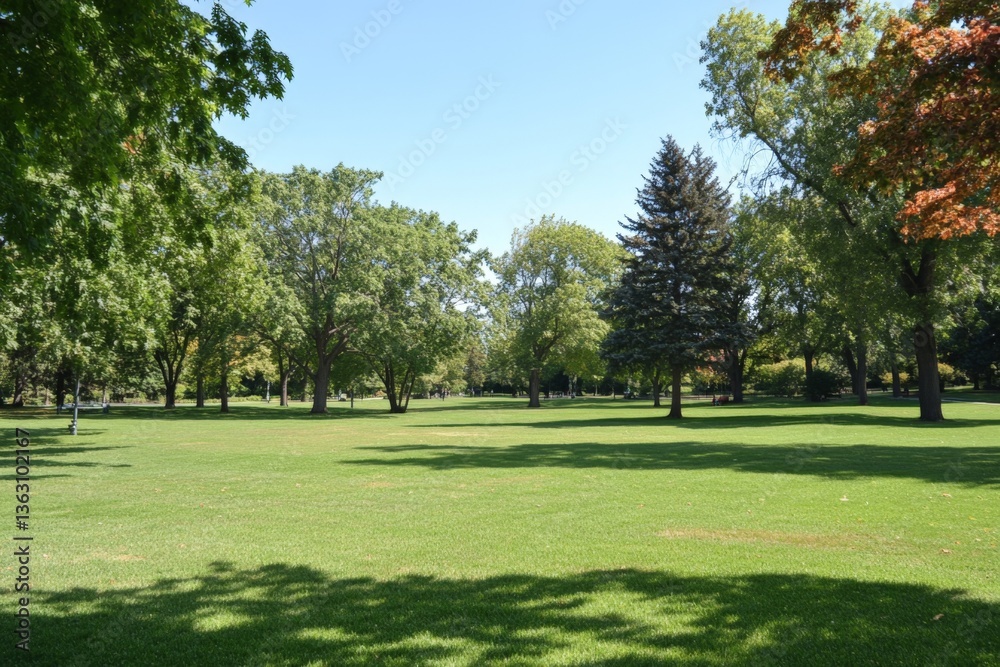 Spacious green park landscape with trees under clear blue sky during ...