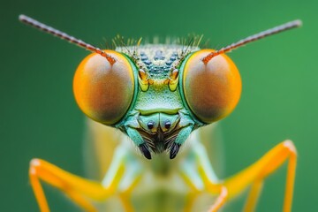 Poster - Colorful close-up of a vibrant green insect with large expressive eyes in a natural setting