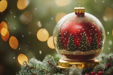 Poster - Festive Christmas ornament with snowy trees and golden lights shining in the background