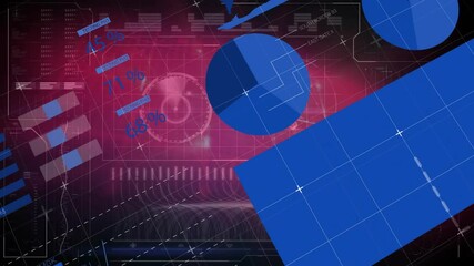 Poster - Animation of blue geometric shapes with world map on red digital data background