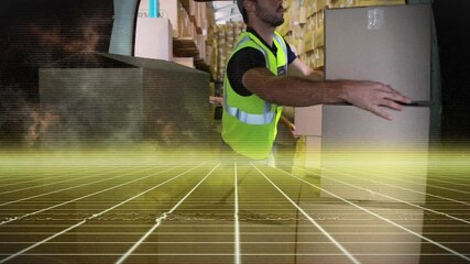 Poster - Handling boxes, warehouse worker with digital grid overlay in background