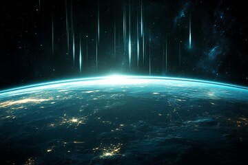 Poster - Stunning view of Earth from space with luminous streaks illuminating the horizon at dawn