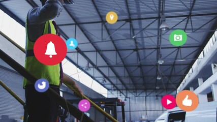 Poster - In warehouse, worker using VR headset with floating animation of social media icons