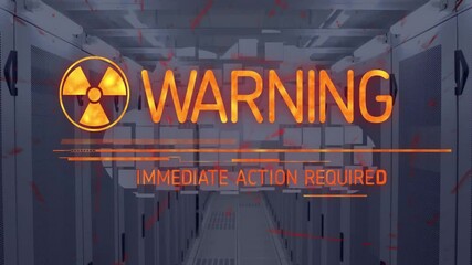 Poster - In server room, warning text and radiation symbol overlay on animation