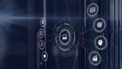Poster - Animation of futuristic digital interface with technology, education, business icons
