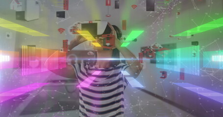 Poster - Image of woman wearing vr headset on vibrant neon background