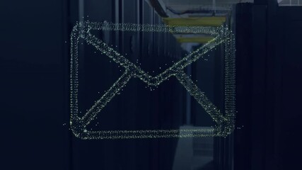 Poster - Glowing email icon animating over dark server room background with technology theme