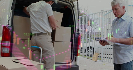 Poster - Statistical data processing against caucasian delivery man stacking delivery boxes in his van