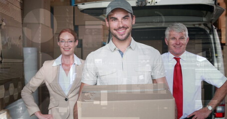 Poster - Screens with data processing against caucasian delivery man and male and female supervisor smiling