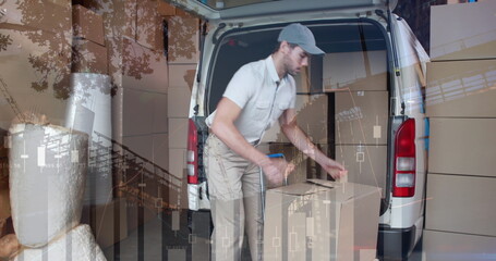 Poster - Image of statistics processing over delivery man with cardboard boxes