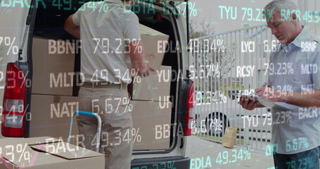 Poster - Image of financial data processing over delivery man loading up car outside of warehouse