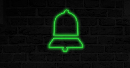 Poster - glowing green bell icon on dark brick wall background, symbolizing notifications