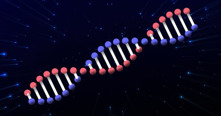 Poster - digital image of dna structure spinning against blue shining particles on black background