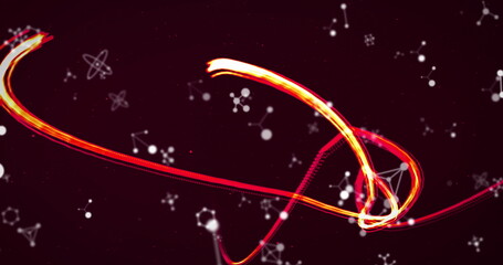 Poster - image of molecules spinning over glowing neon stripes