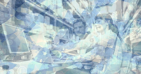 Poster - Image of networks of connections with digital icons over couple using computer