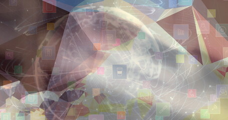 Poster - image of globe with digital icons over blurred background