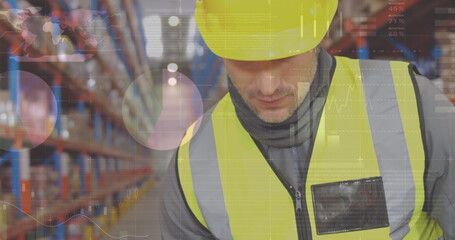 Poster - Statistical data processing against caucasian male worker using scanning device at warehouse