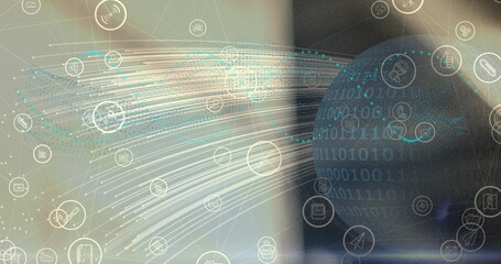 Poster - image of globe with digital icons over blurred background