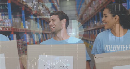 Poster - Statistical data processing against male and female volunteers holding boxes smiling at warehouse