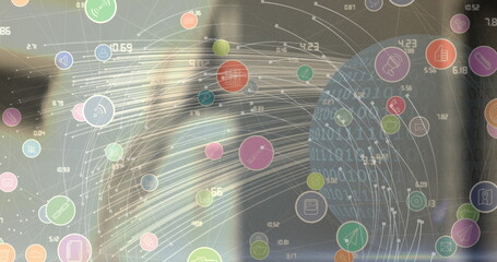 Poster - image of globe with digital icons over blurred background