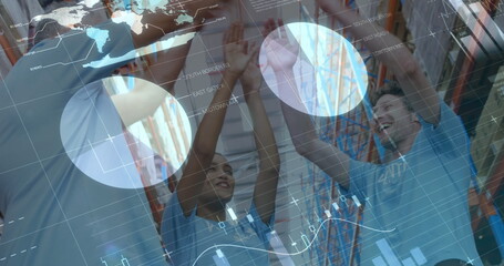 Poster - Statistical data processing against group of diverse volunteers making a hand stack at warehouse