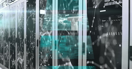 Poster - network of connections against multiple screens with data processing against server room