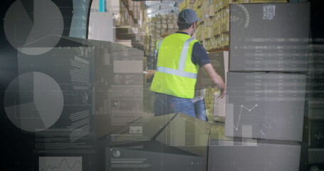 Poster - Image of statistics and financial data processing over delivery man