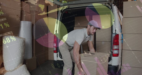 Poster - Image of statistics and financial data processing over delivery man