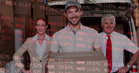 Poster - Image of financial data processing over delivery man with managers