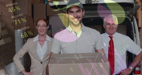 Poster - Image of statistics and financial data processing over delivery man with managers