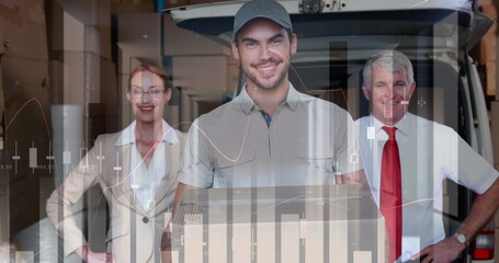 Poster - Statistical data processing against portrait of male and female supervisor and delivery man smiling