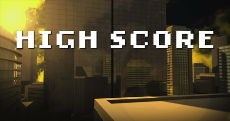 Poster - Image of white pixel text high score, over modern cityscape sunset