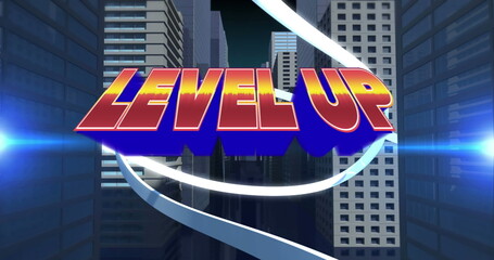 Poster - image of orange text level up, with white swirl, over modern cityscape