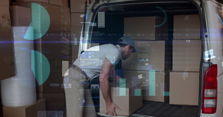 Poster - Image of statistics and financial data processing over delivery man