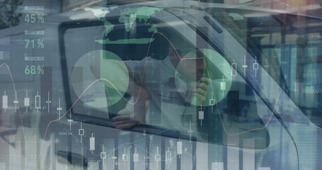 Poster - Image of statistics and financial data processing over delivery man