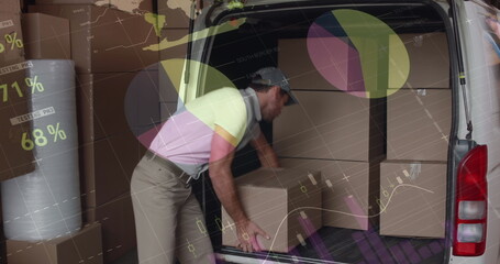 Poster - Image of statistics and financial data processing over delivery man