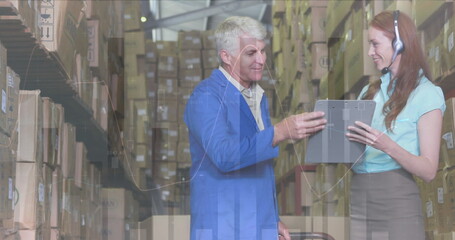 Poster - Image of statistics and financial data processing over delivery man and woman in warehouse