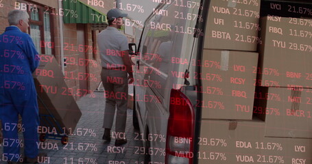 Poster - Image of statistics and financial data processing over delivery man