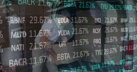 Poster - Image of statistics and financial data processing over delivery man